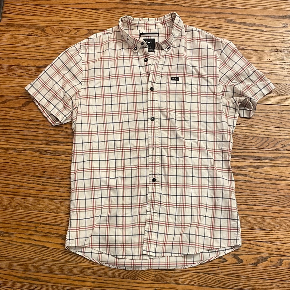 Men’s RVCA White and Red Plaid Button Down Shirt Sz L